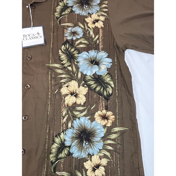 Vintage Boca Classics Shirt Men's L Green Short Sleeve Button Up Blue Hibiscus - Picture 5 of 8